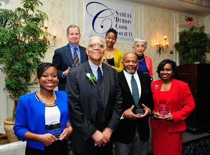Samuel DuBois Cook is pictured (center) with award winners Alexandra Swain, William Griffith, Allison Curseen, Rev. William C. Turner, Dr. Evelyn Schmidt and Chandra Guinn