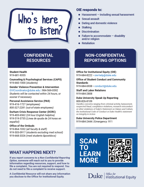 Flyer listing confidential and non-confidential reporting options at Duke